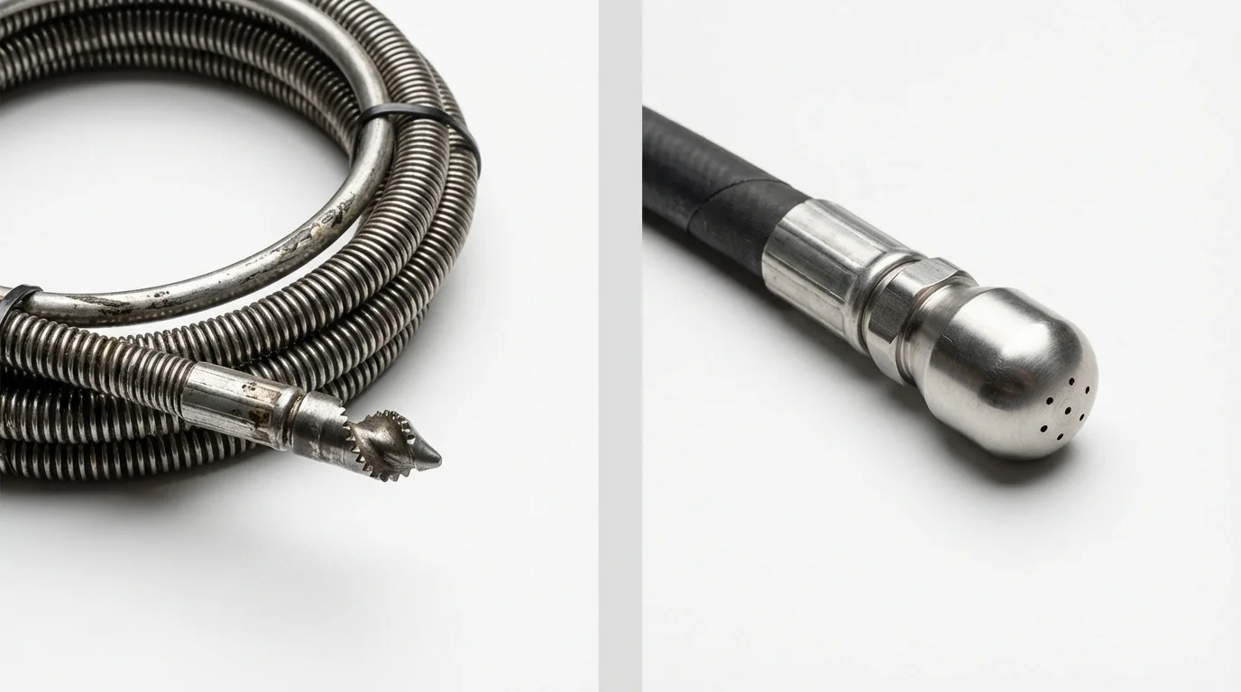 Drain snake cable and hydro jetting nozzle used for drain cleaning in Camden, NC
